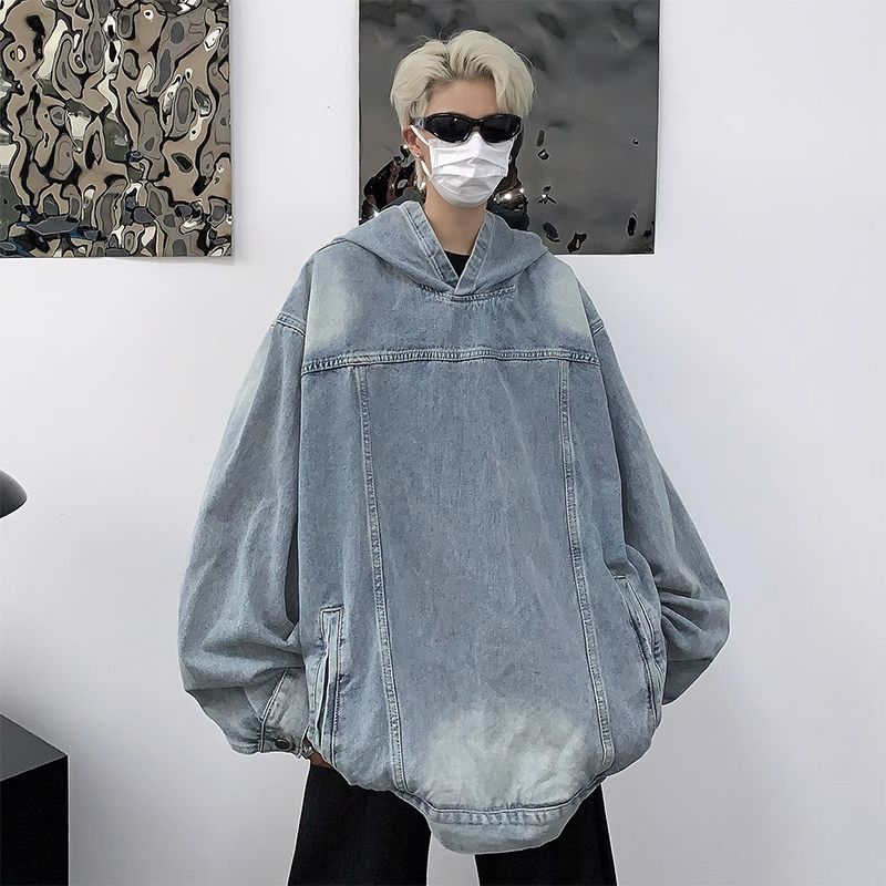 美式hiphop牛仔外套男士春秋季重磅潮牌水洗衛衣寬鬆套頭工裝夾克