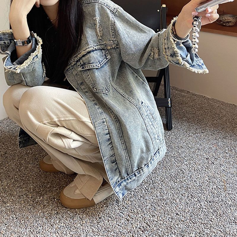 復古淺藍色牛仔外套女設計感小眾2023年春季新款寬鬆情侶夾克國潮