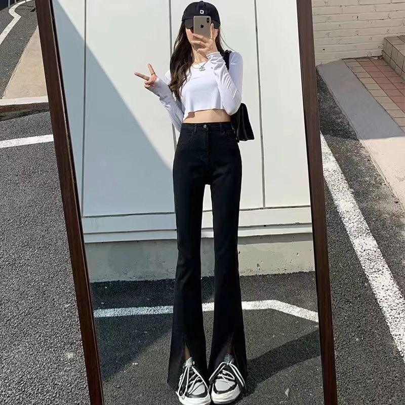 高腰開叉闊腿牛仔褲女直筒寬鬆春秋2023新款小個子顯瘦分叉拖地褲