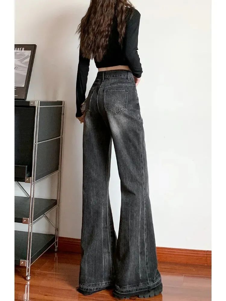 美式微喇叭牛仔裤女春秋设计感小个子高腰毛边宽松阔腿拖地马蹄裤