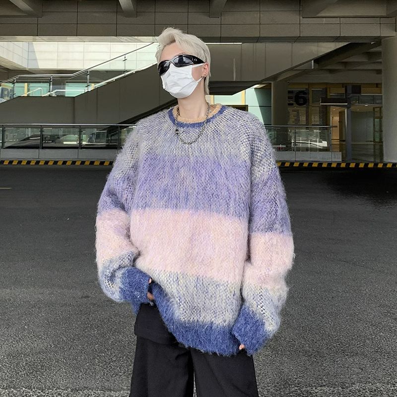 漸變拼色情侶毛衣秋季美式潮牌vibe軟糯針織衫男士寬鬆慵懶風外套