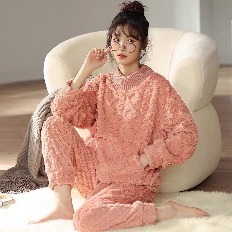 珊瑚絨睡衣女冬季高領純色甜美加厚加絨高顏值大碼學生家居服套裝