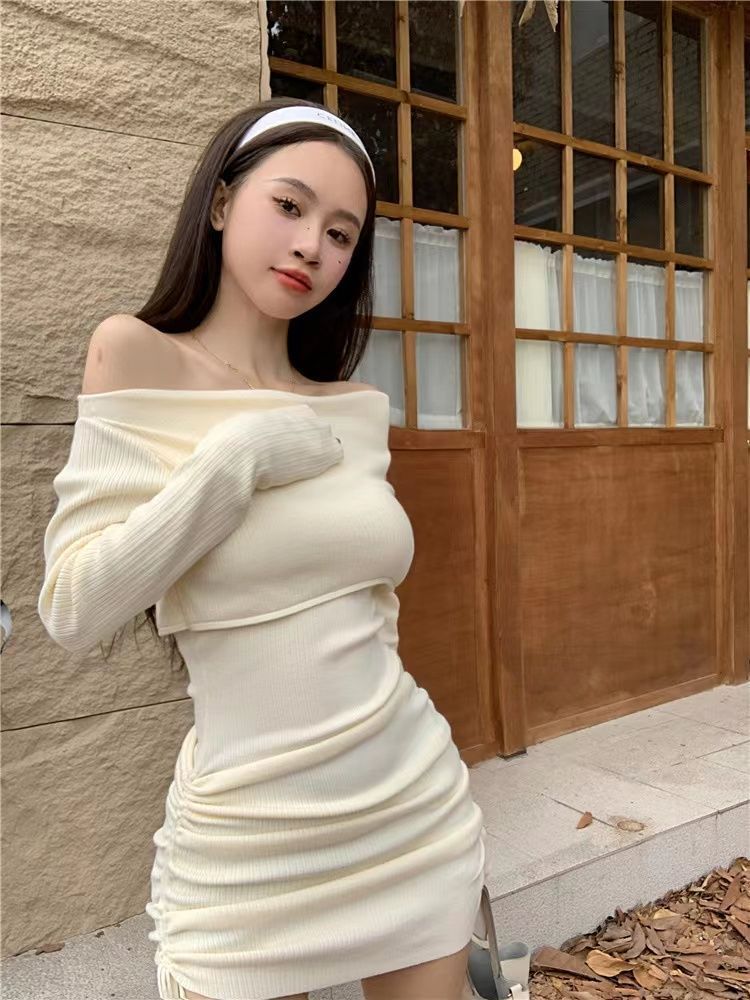 Pure Desire Sweet Girl One-line Off-the-Shoulder Long-Sleeved Dress Women's Spring and Autumn Slim Drawstring Hip-covering Short Skirt