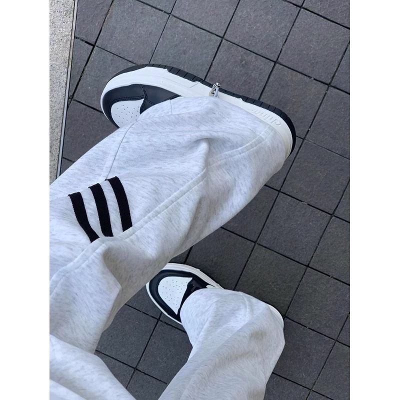 Retro American style wide-leg striped sweatpants women's spring and autumn white gray sweatpants loose straight drape casual pants