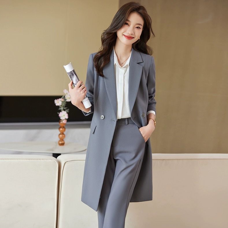 灰色中長款西裝風衣外套女2023新款春秋高級感小個子職業西裝套裝