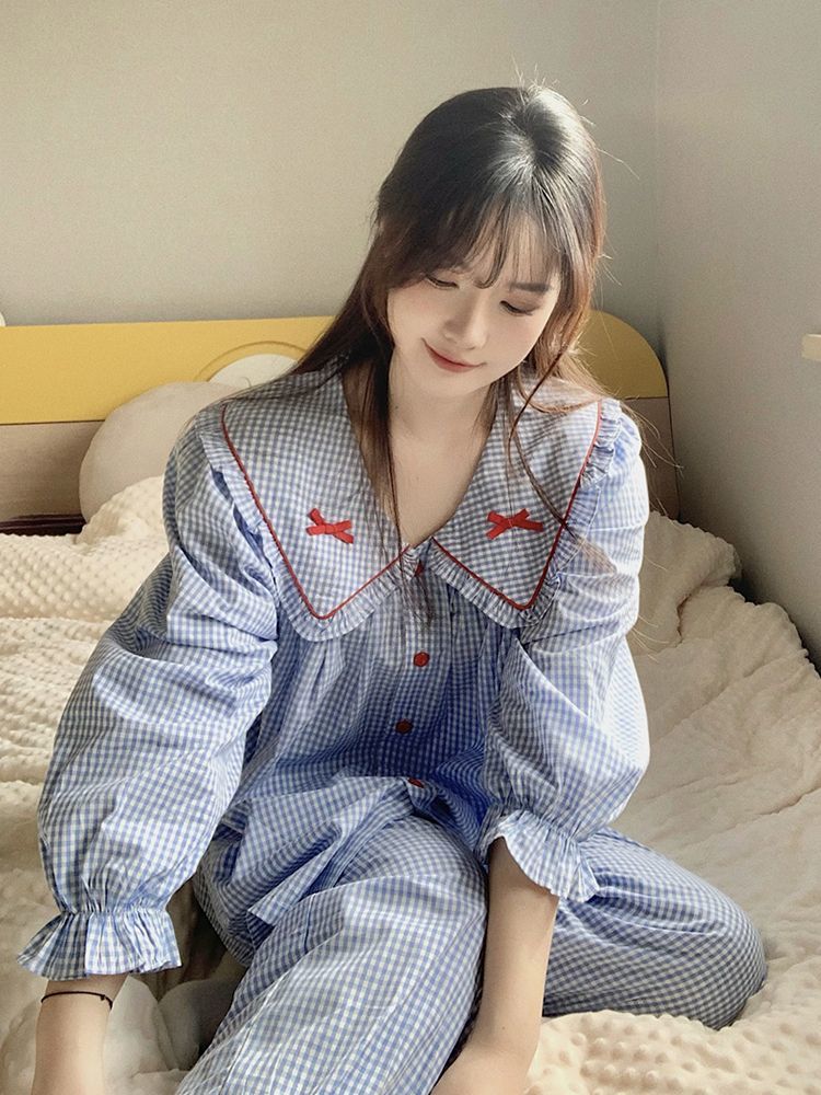 蝴蝶結格子印花睡衣女春秋款2023年新款可愛甜美風家居服套裝外穿