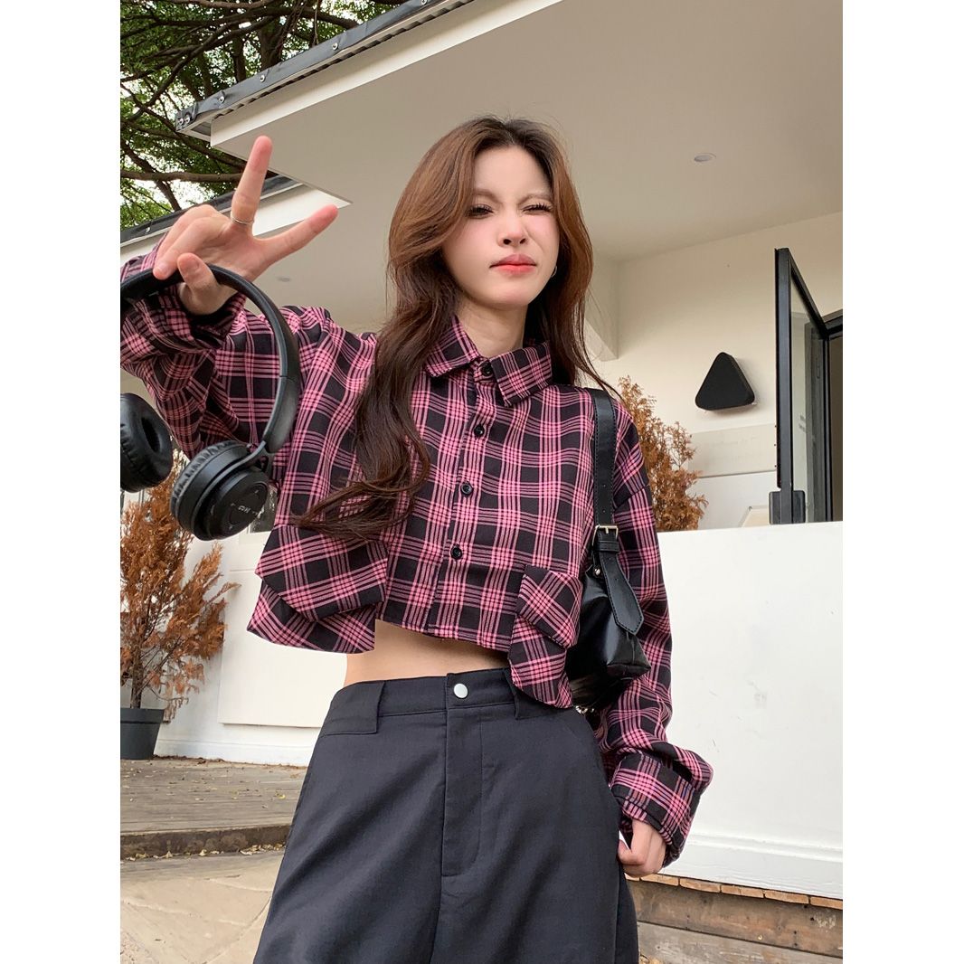 甜妹風粉色格子設計感短款襯衫女秋季寬鬆顯瘦洋氣小眾長袖襯衣潮