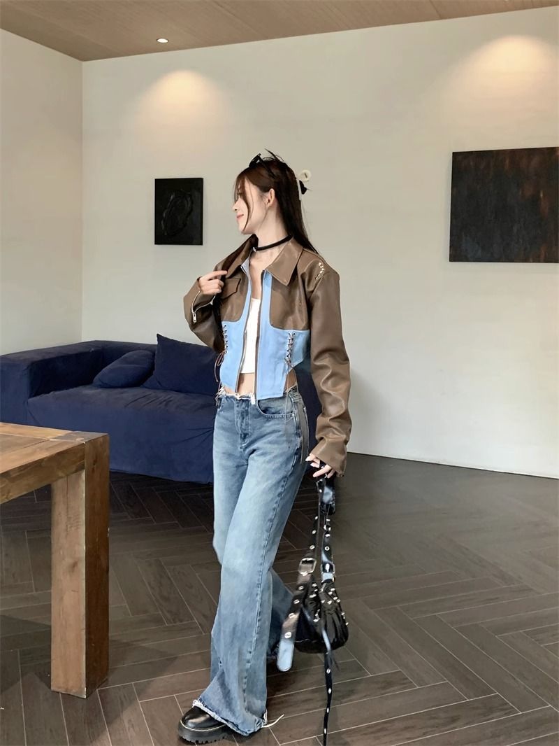 80-200 pounds large size retro leather jacket for women spring and autumn new style short hot girl motorcycle style jacket top for women