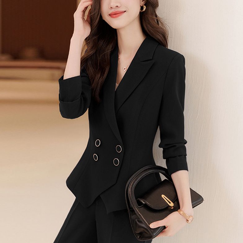 西裝外套女2023春秋新款雙排扣職業裝美容院工作服主持人西服套裝