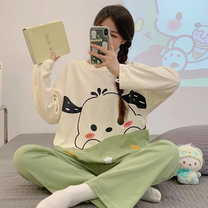 2023新款春秋季天可愛帕恰狗長袖睡衣兩件套女士大碼網紅風家居服