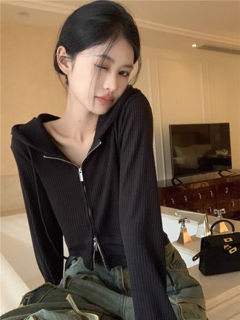 Maillard knitted cardigan women's autumn and winter slim hooded bottoming shirt pure lust sweet hot girl short inner top