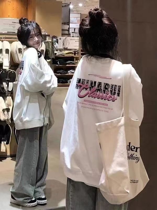 2023春秋冬新款加絨加厚圓領白色衛衣女寬鬆oversize長袖顯瘦上衣