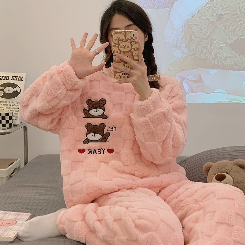 睡衣女冬季韓版爆款小熊法蘭絨加厚提花家居服女士大碼可外穿套裝