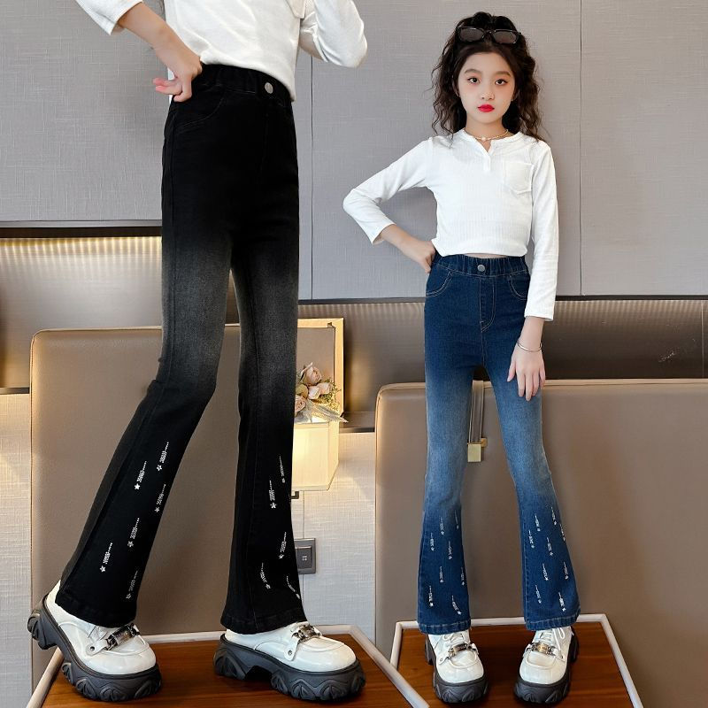 女童褲子春秋款洋氣韓版女孩秋裝中大童秋季彈力牛仔褲兒童喇叭褲