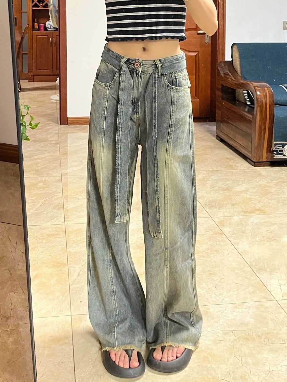 復古水洗直筒牛仔褲女2023秋季新款設計感小眾毛邊闊腿加長拖地褲