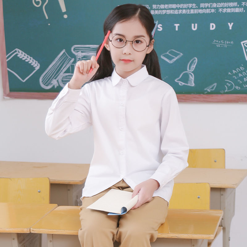 Girls' white shirt spring and autumn pure white top children's long-sleeved shirt boys' school performance