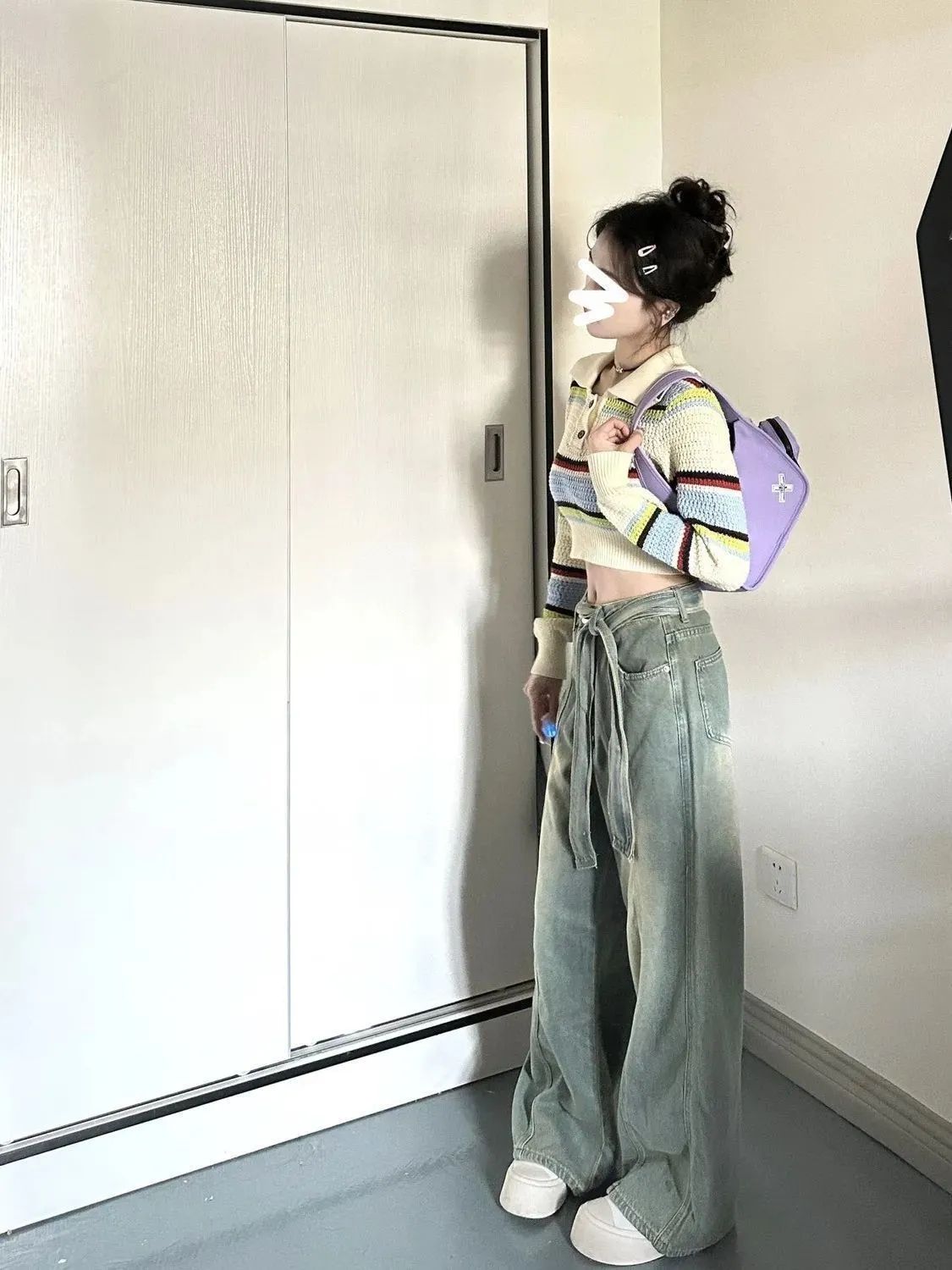 美式復古高街綁帶牛仔褲女2023秋季新款高腰垂感辣妹直筒拖地長褲