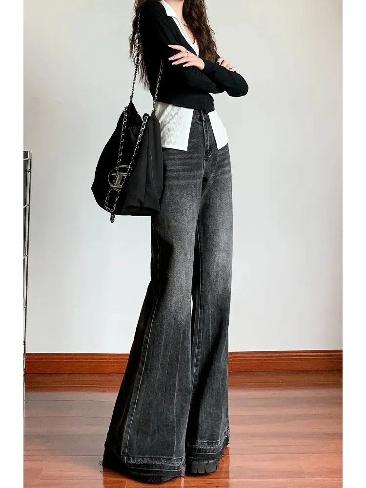 美式微喇叭牛仔裤女春秋设计感小个子高腰毛边宽松阔腿拖地马蹄裤