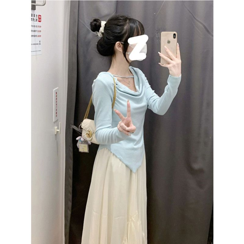 純欲長袖t恤女早秋季辣妹小眾緊身不規則短款修身顯瘦打底衫上衣