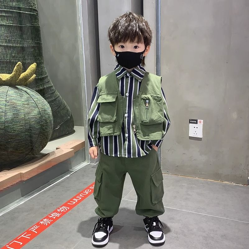Boys' Autumn Clothes Set 23 New Fashionable Baby Work Clothes Autumn Children's Cool and Handsome Shirts and Vests Three-piece Set