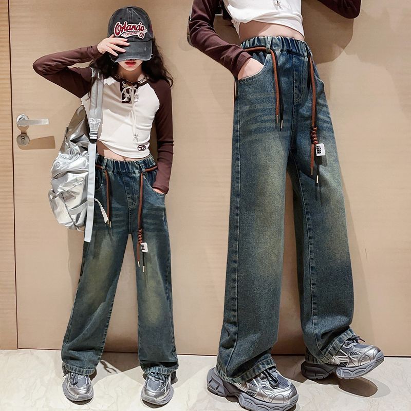 女童牛仔褲春秋女孩時髦洋氣直筒闊腿褲秋季網紅炸街大童兒童褲子