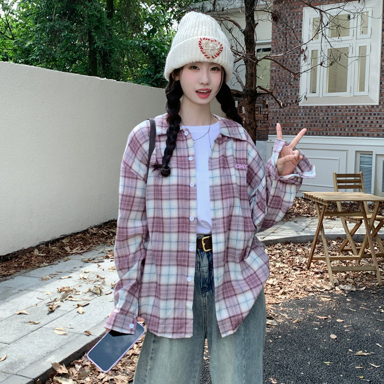 國潮牌撞色格子襯衫外套女秋季新款情侶街頭寬鬆休閒美式襯衣上衣