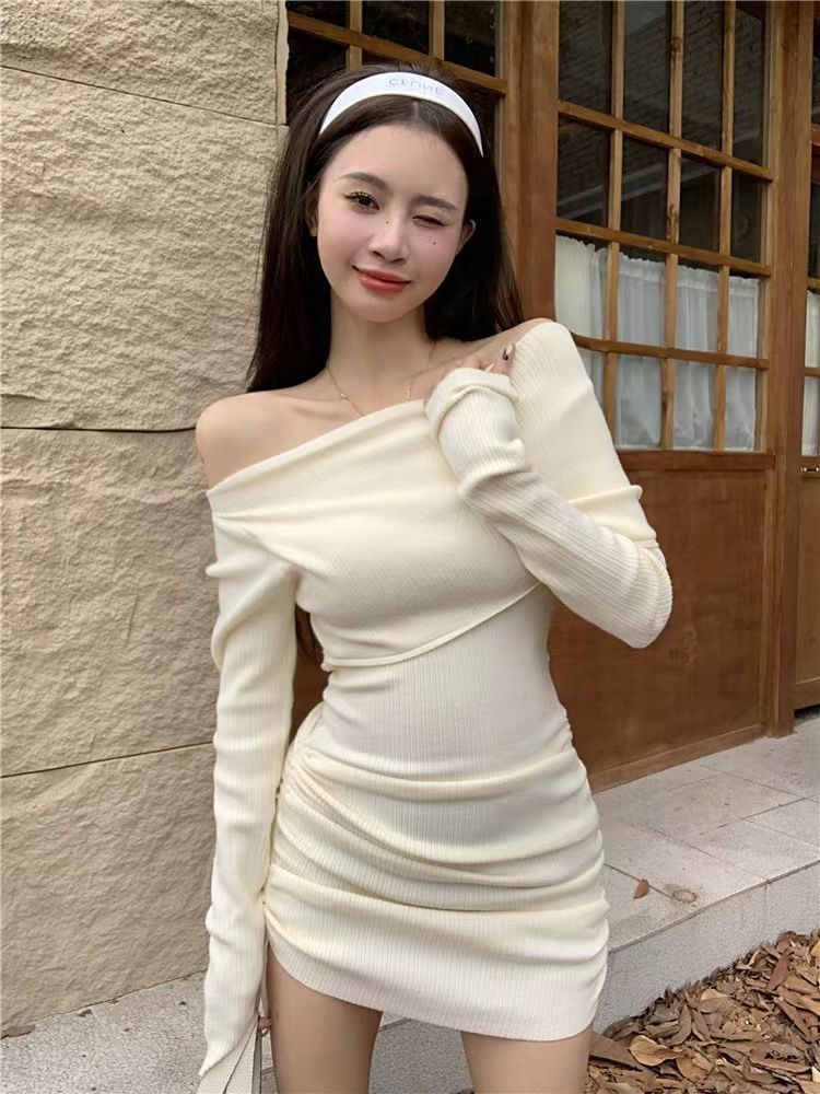 Pure Desire Sweet Girl One-line Off-the-Shoulder Long-Sleeved Dress Women's Spring and Autumn Slim Drawstring Hip-covering Short Skirt