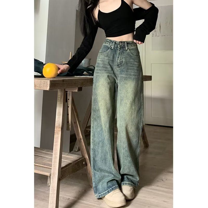 美式復古牛仔褲女秋季大碼胖mm高街做舊高腰顯瘦闊腿拖地直筒長褲