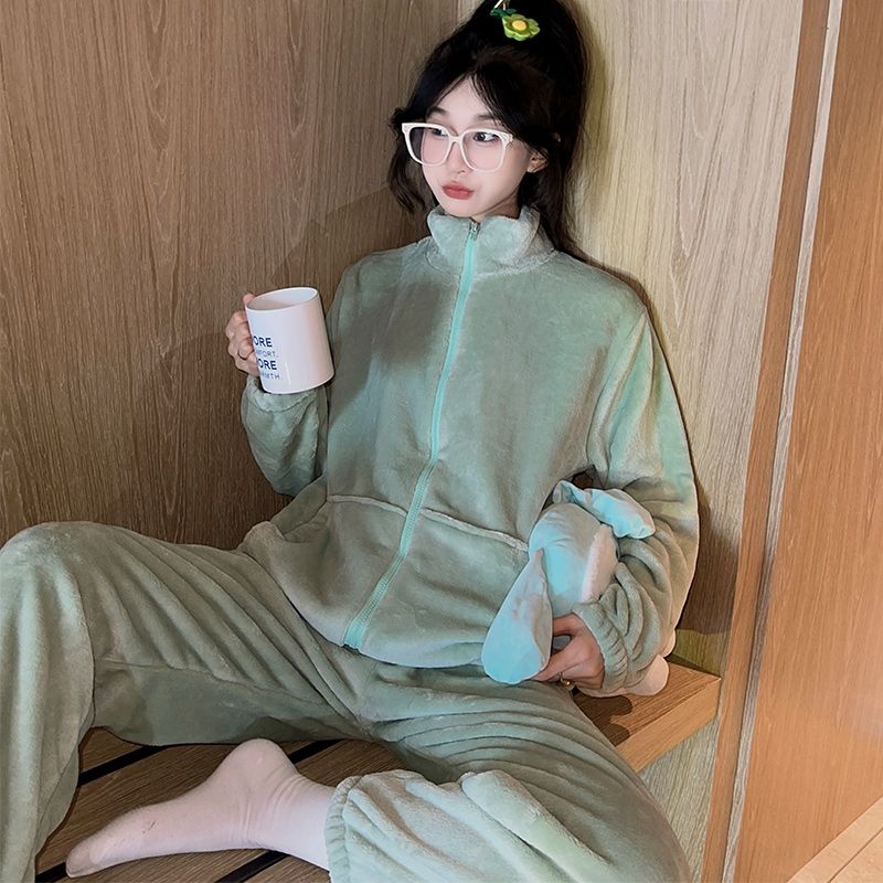 拉鏈衫網紅同款牛奶絨新款冬季法蘭絨睡衣女加厚保暖家居服可外穿