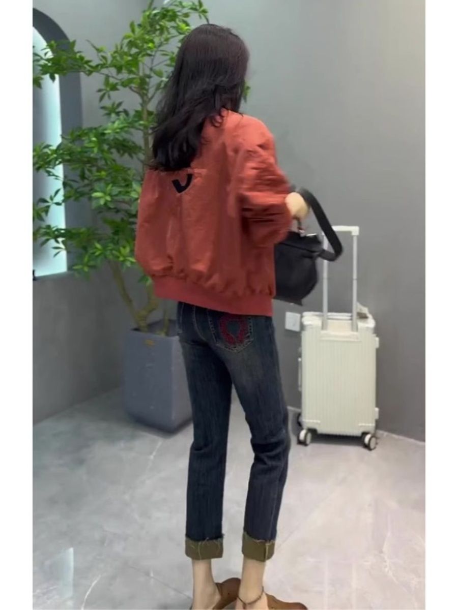 2023早秋新款今年流行小個子復古深藍色卷邊直筒九分牛仔褲子女裝