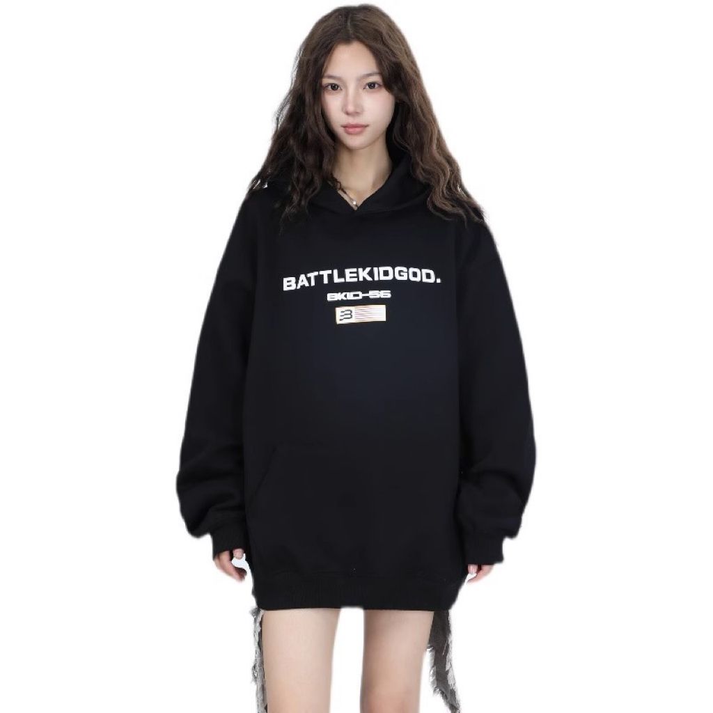 National trend American retro letter print hooded sweatshirt for women autumn and winter new loose heavyweight pure cotton silver fox velvet jacket