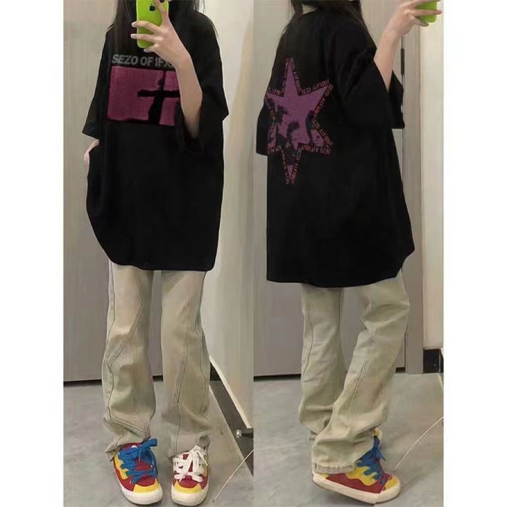100%純棉國潮美式復古短袖t恤女寬鬆小眾設計感街頭hiphop上衣夏