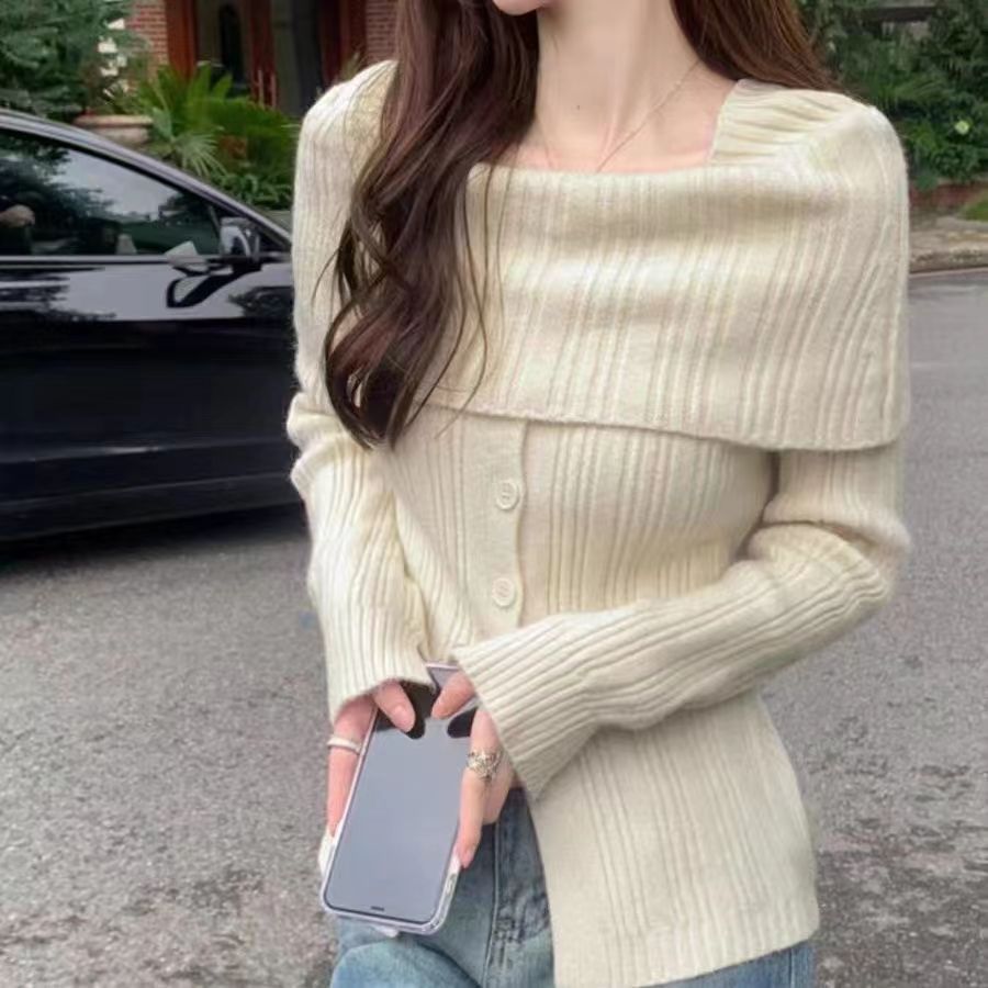軟糯溫柔慵懶風一字肩上衣女針織衫秋冬設計感小眾超好看毛衣內搭