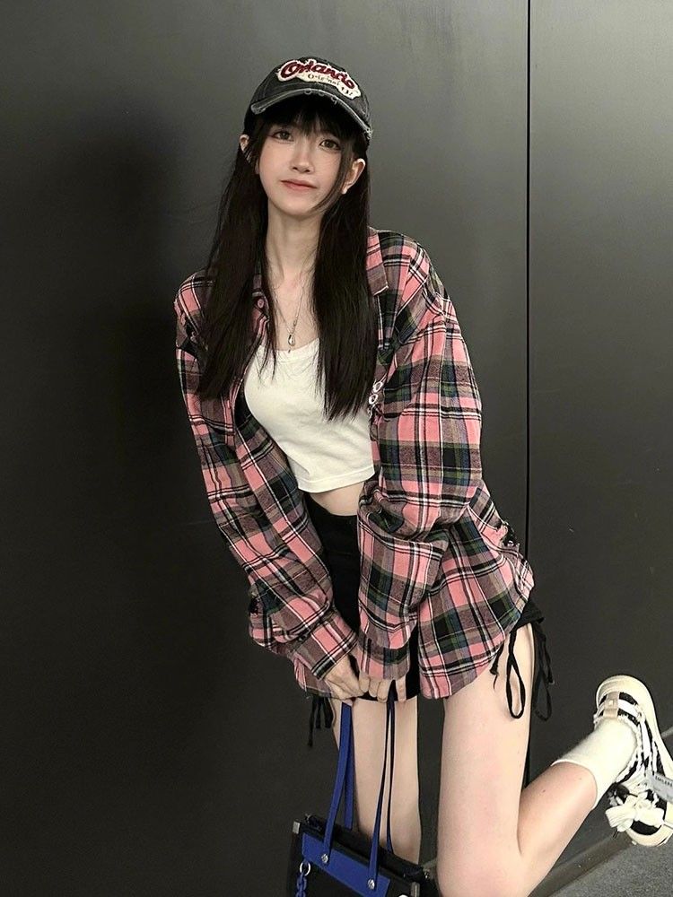 秋季女裝長袖格子襯衫女外穿內搭時尚疊穿寬鬆休閒襯衣上衣女洋氣