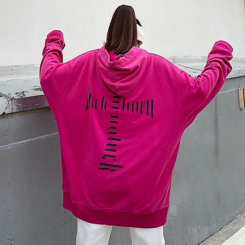 American retro letter print hooded rose red sweatshirt for women autumn and winter new heavyweight pure cotton silver fox velvet jacket trendy