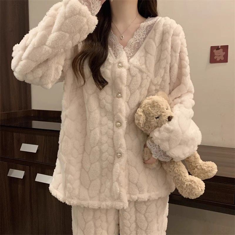 珊瑚絨睡衣女冬季蕾絲新款加絨加厚女士法蘭絨可外穿家居服套裝