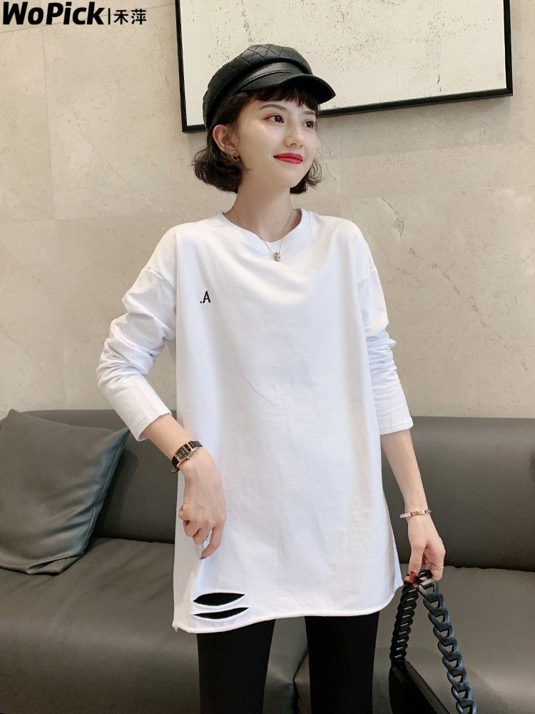 加絨打底衫女秋冬寬鬆顯瘦內搭德絨上衣純棉百搭白色破洞長袖t恤