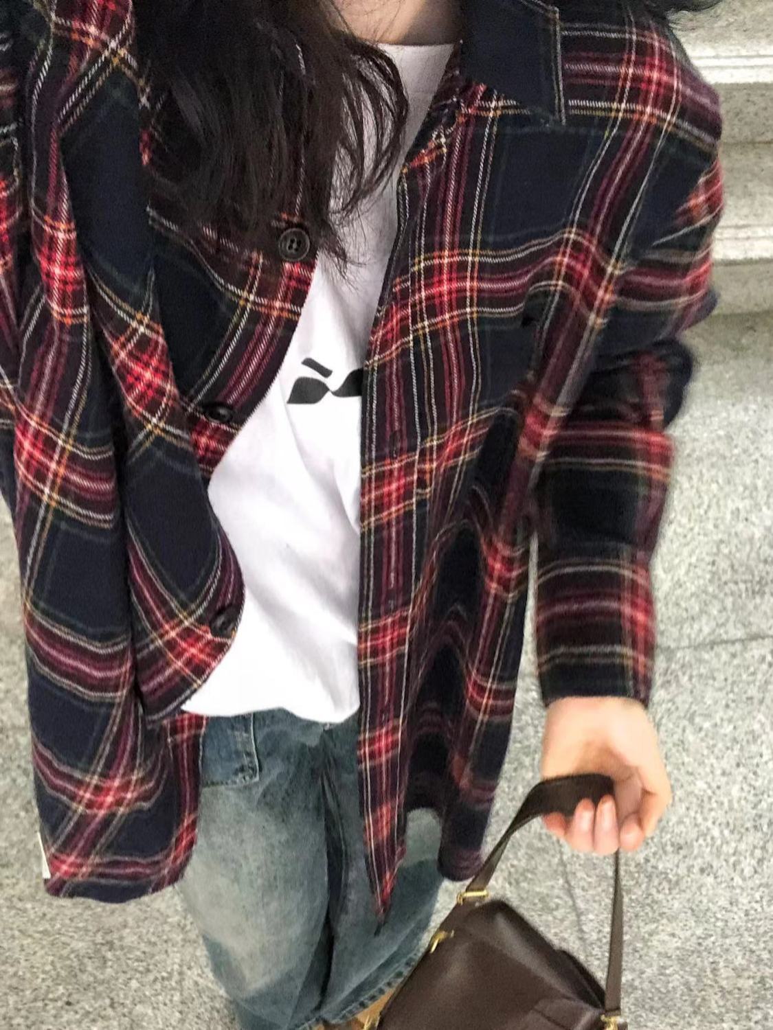 2023新款港風復古chic紅色格子襯衫女寬鬆休閒慵懶風襯衣外穿開衫