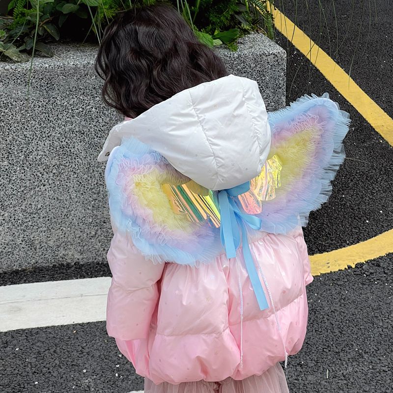 女小童羽絨服2023新款韓版洋氣中長款公主風可愛蝴蝶翅膀冬季外套
