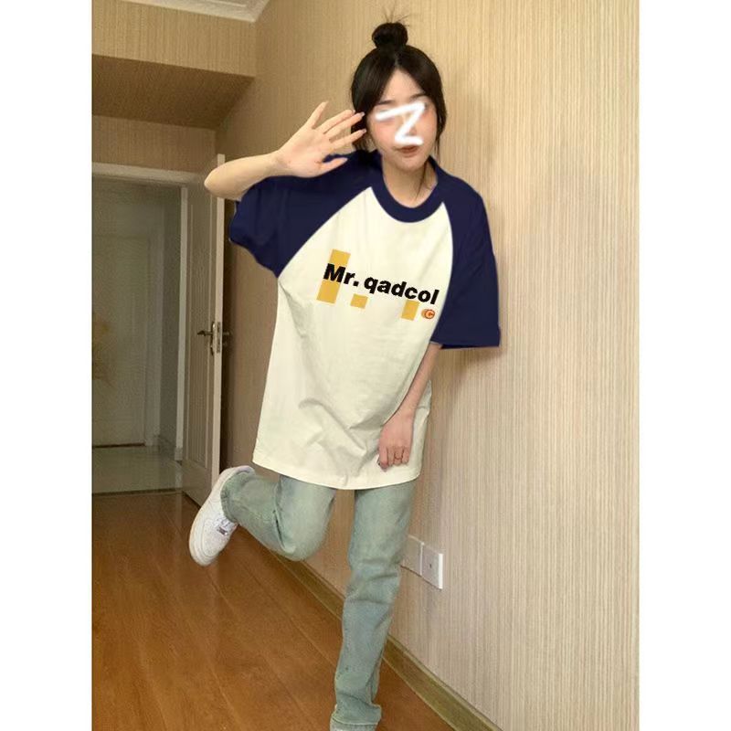 小眾美式復古拼色寬鬆t恤女短袖夏季2023新款oversize插肩袖上衣