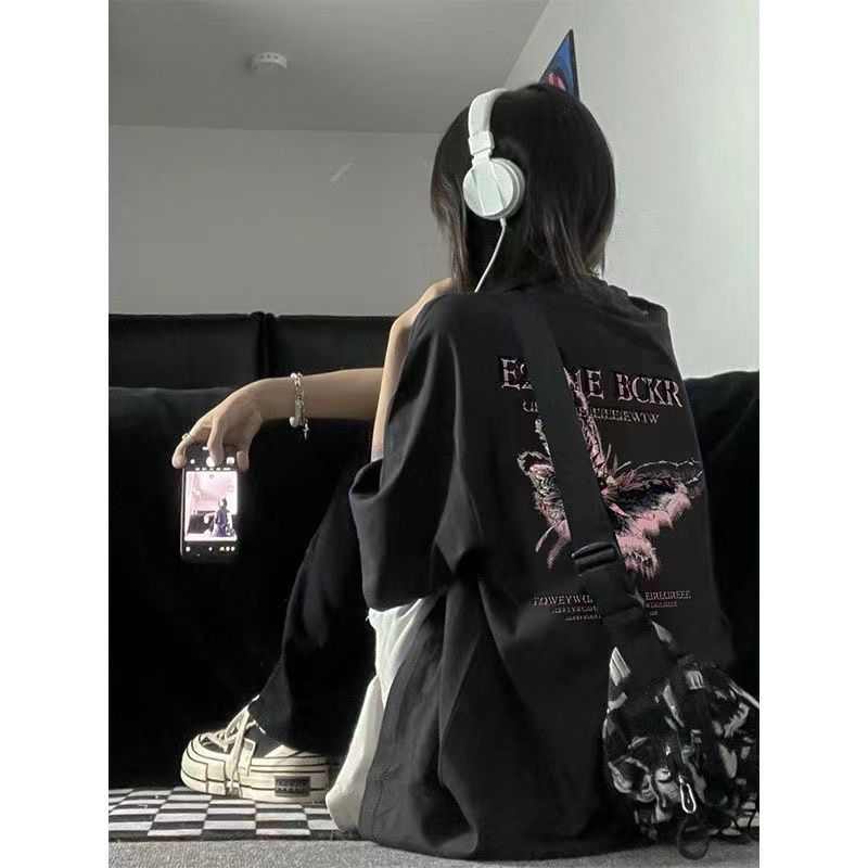 100%純棉蝴蝶字母印花短袖t恤女夏寬鬆oversize高街復古百搭上衣