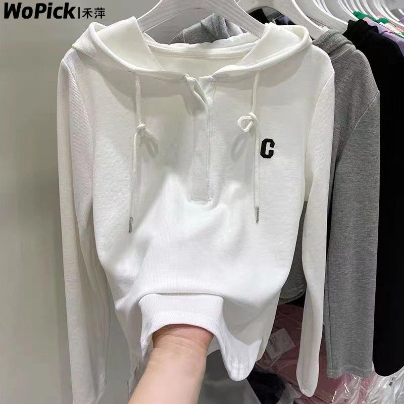 歐貨字母刺繡連帽白色衛衣女2023春秋帽衫休閒百搭打底T恤上衣ins