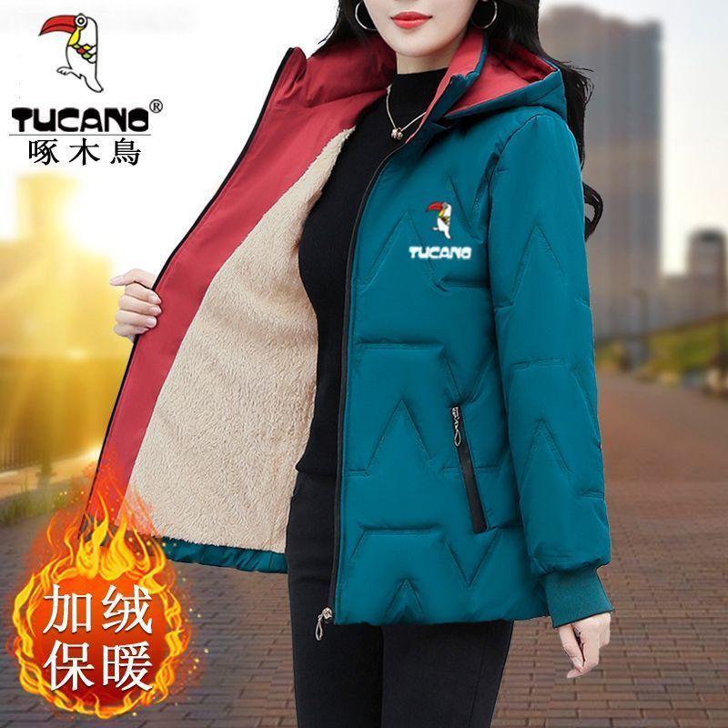 啄木鳥羽絨棉服外套女冬季2023新款中長款加絨加厚可拆卸連帽棉衣