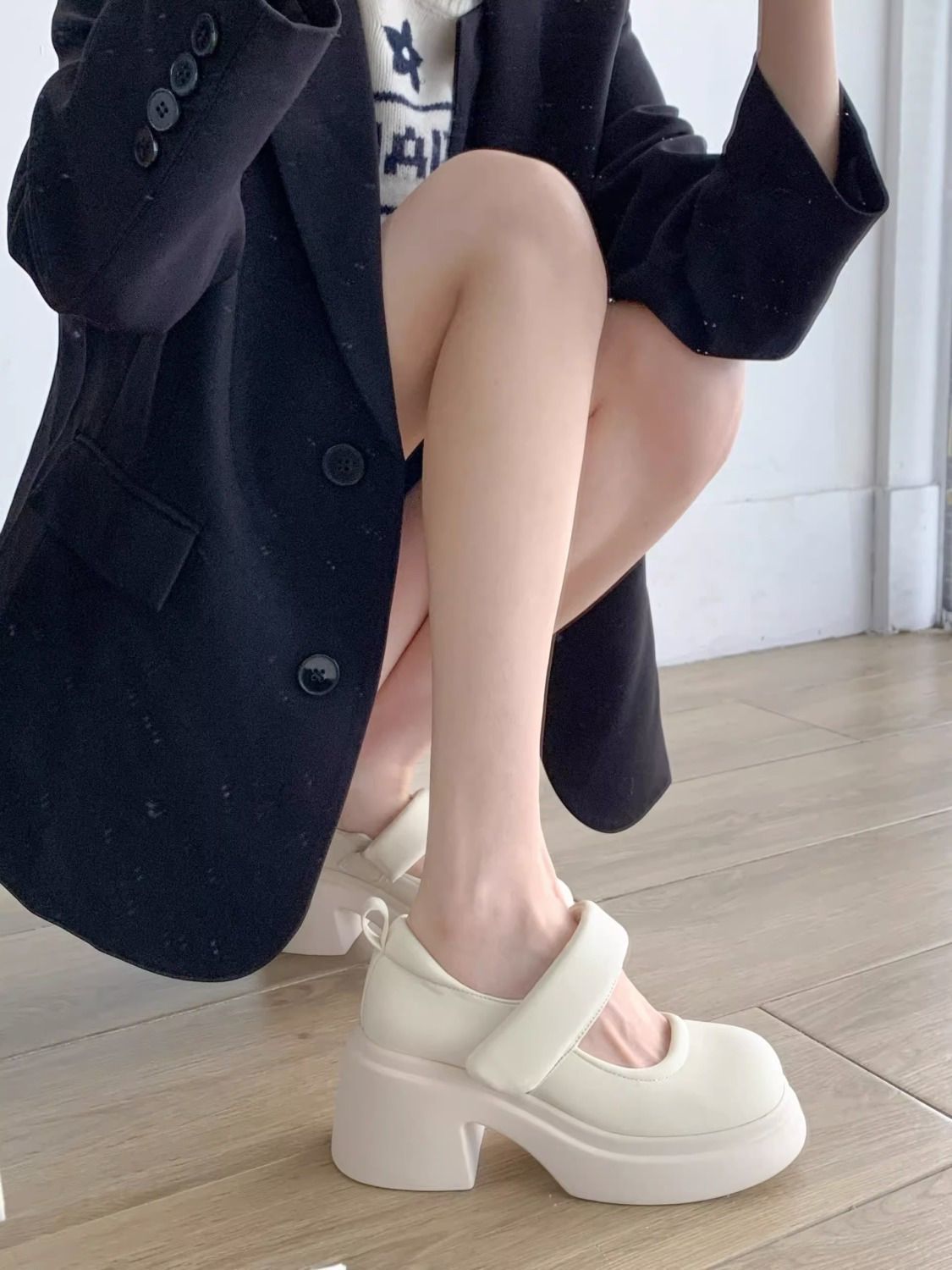 小皮鞋女2023年新款粉色甜美魔術貼百搭粗跟高跟增高瑪麗珍鞋單鞋
