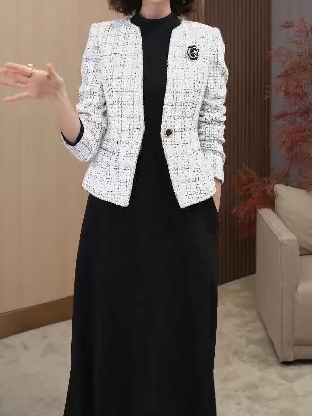 氣質優雅小香風粗花呢長袖外套+黑色顯瘦連衣裙套裝2023秋季新款