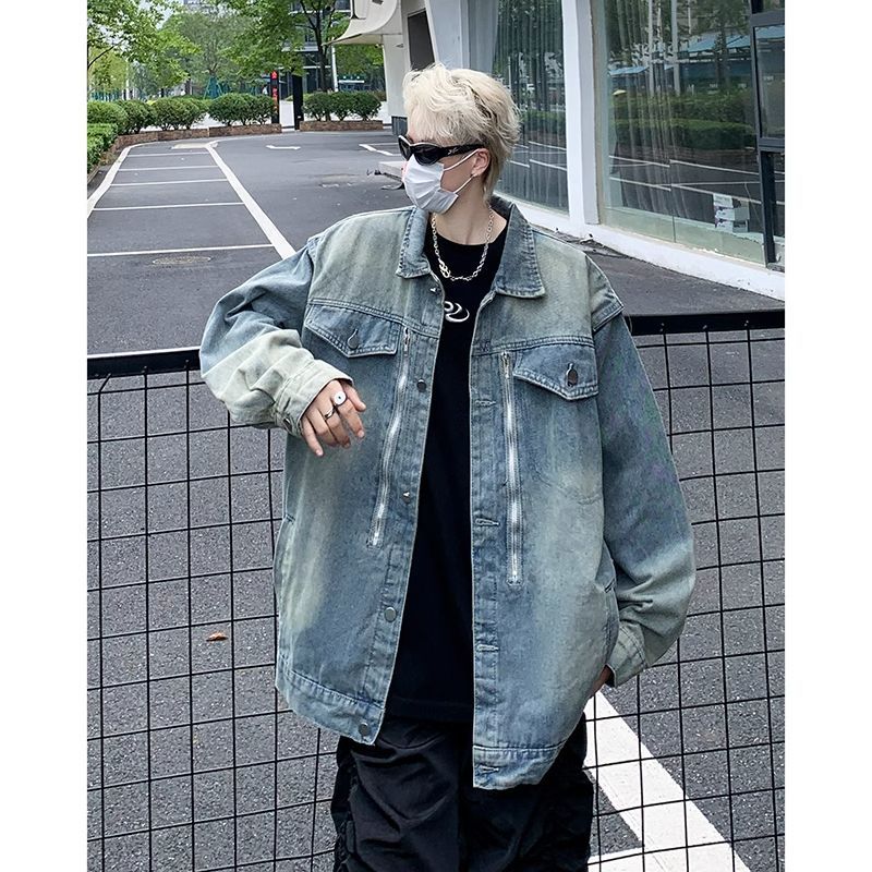 墊肩水洗牛仔夾克男春秋季美式潮牌hiphop外套寬鬆高級感痞帥上衣