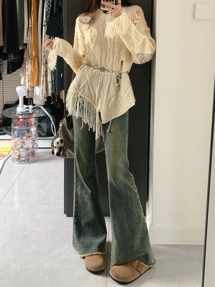 復古毛邊微喇牛仔褲女秋季新款低腰寬鬆顯瘦百搭直筒拖地喇叭褲子