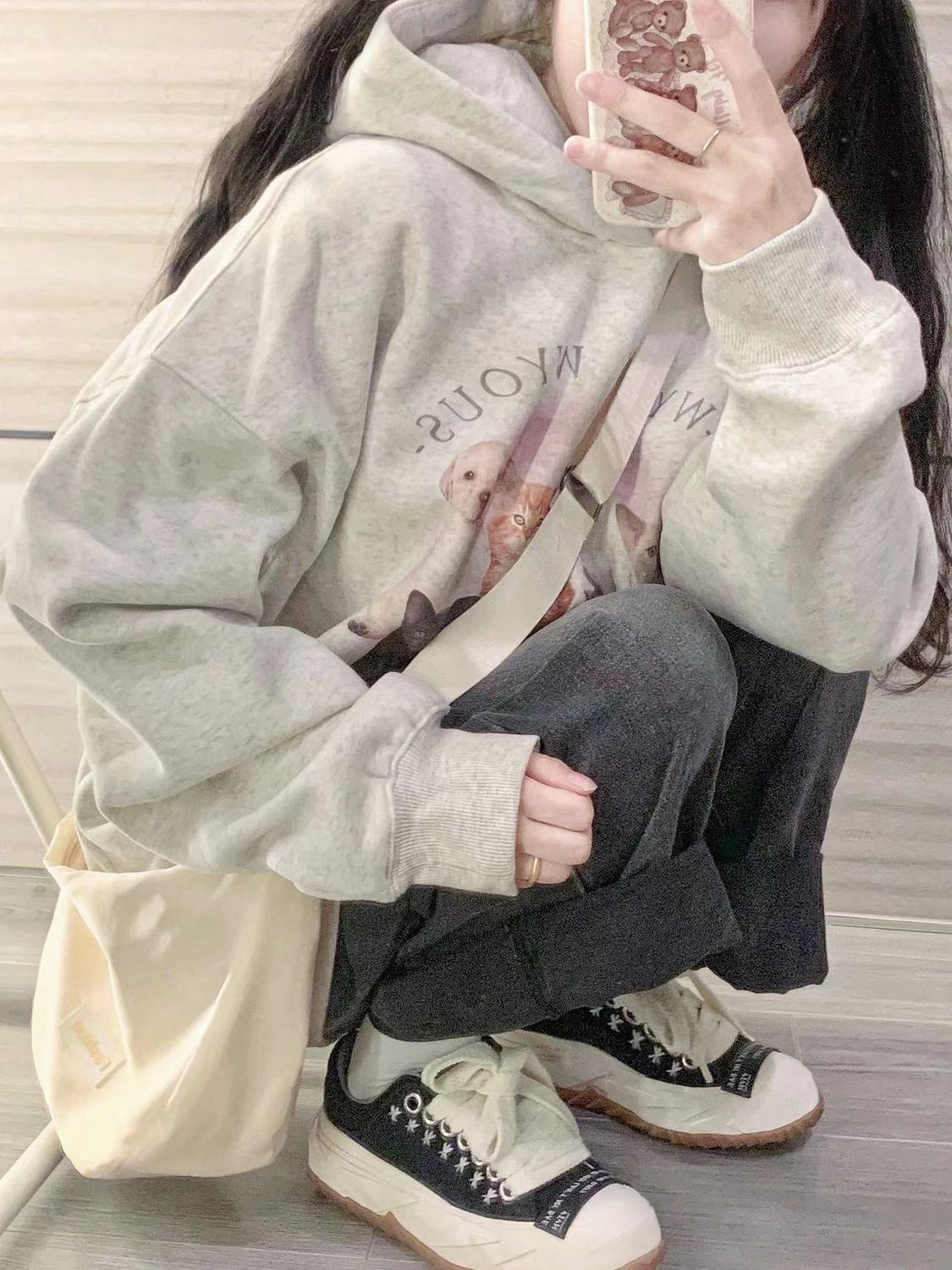Spring and Autumn new style floral gray printed pullover hooded sweatshirt for female students loose casual slim long-sleeved top