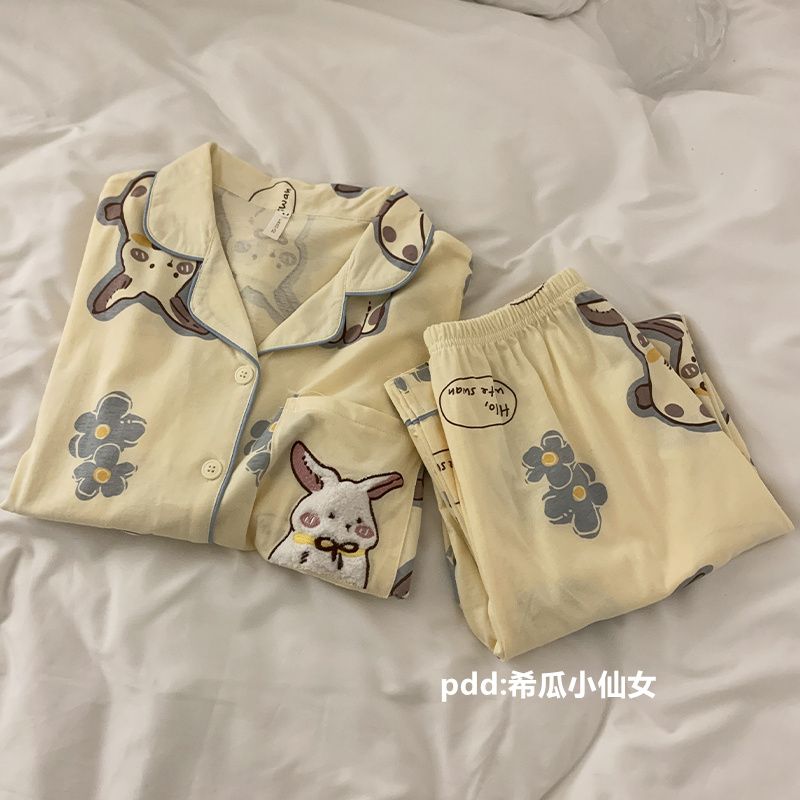 ins日系可愛兔子睡衣女春秋季新款網紅風長袖長褲家居服套裝外穿