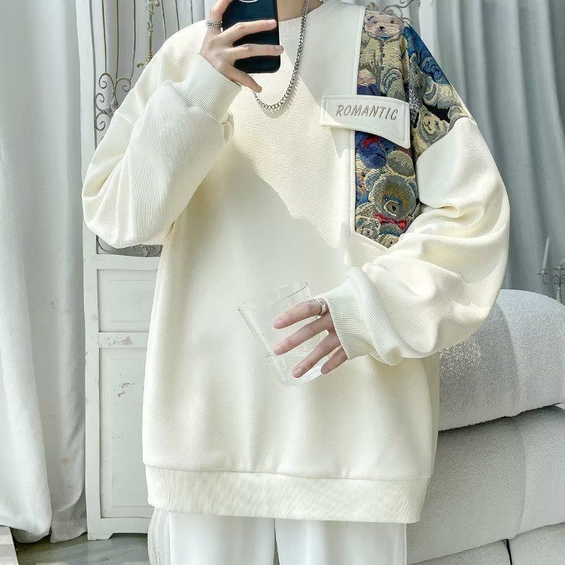 新中式小熊刺繡拼接衛衣男秋季國風大碼oversize長袖圓領上衣學生